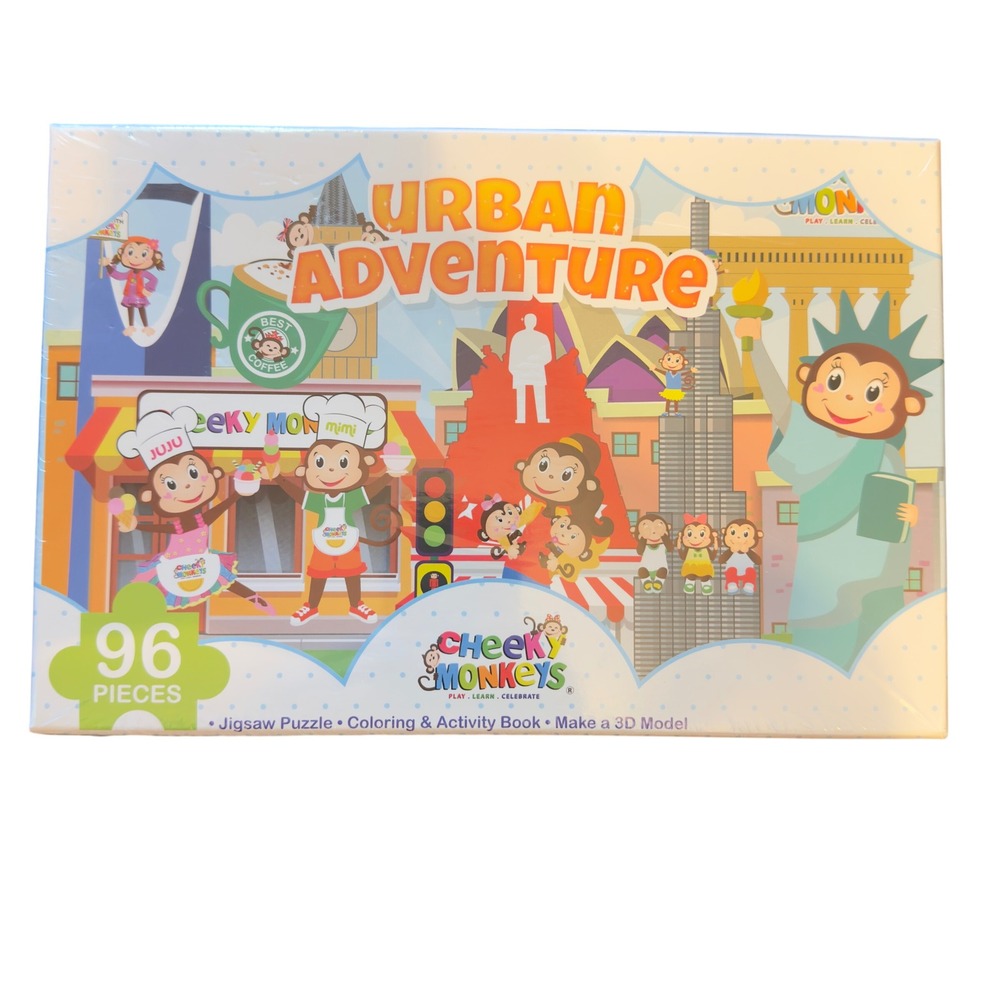516 | NEW/SEALED Cheeky Monkeys Urban Adventure 96pc Jigsaw Puzzle Activity Set